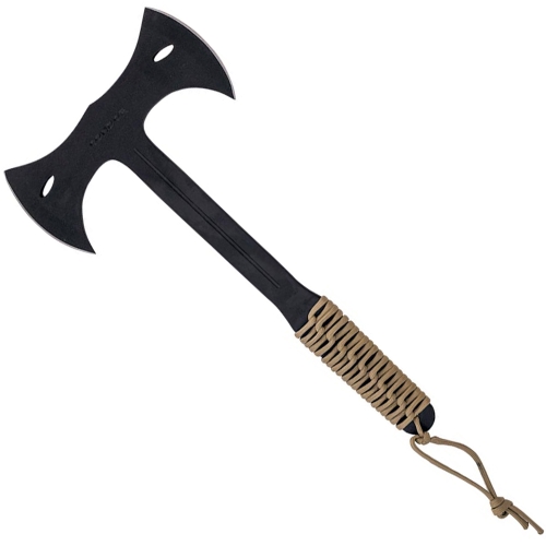 Arlan Double Bit Throwing Axe with cord - dual-action in black. Explore it at Mrknife.com for precision throwing.