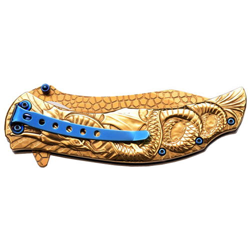 Masters Collection Dragon Sculptured Titanium Coated Handle Folding Knife