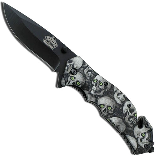 Master USA Grey Skull Green Spring Assisted Folding Knife