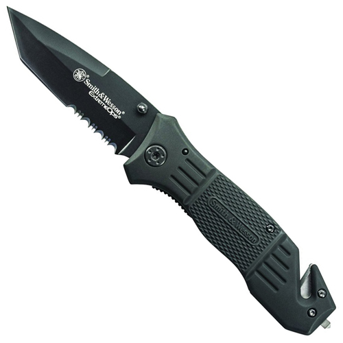 Smith & Wesson Black Coated Blade Rubber Coated Aluminum Handle Folding Knife