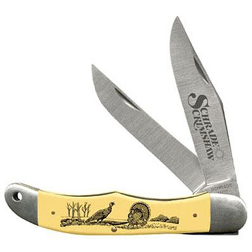 Schrade 3 5/16 Inch Es Middleman 3 Blade Yellow Delrin Scrimshaw Handle Duck Scene 2