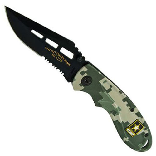 Schrade US Army Linerlock Black Clip Point 40 Percent Serrated Blade And MARPAT Camo Handle Knife