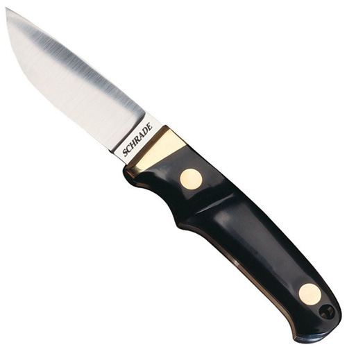 Schrade Delrin Nickel Handle Fixed Blade W/ Leather Sheath Clam Packed