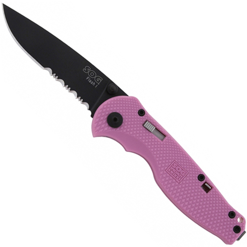 SOG Black Tini Pink Handle Partially Serrated Flash I Knife