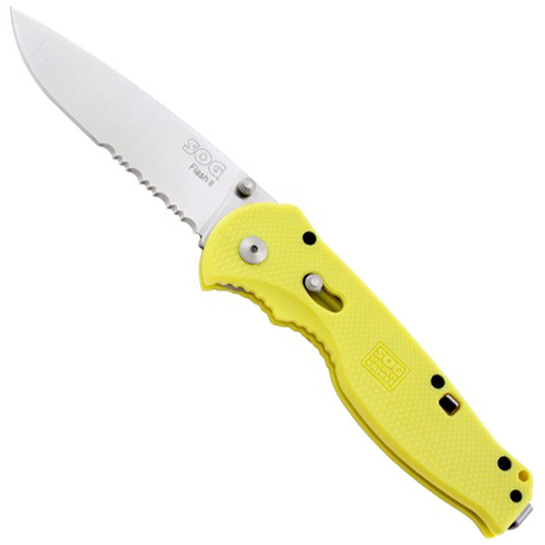 SOG Partially Serrated Blade With Yellow Handle Flash II Knife