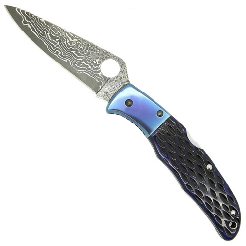 Spyderco Endura4 Damascus Blue Jigged Bone Plain Edge Folding Knife