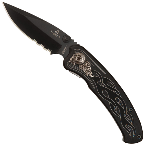 Tailwind Nova Skull Half Serrated Blade Folding Knife - Black