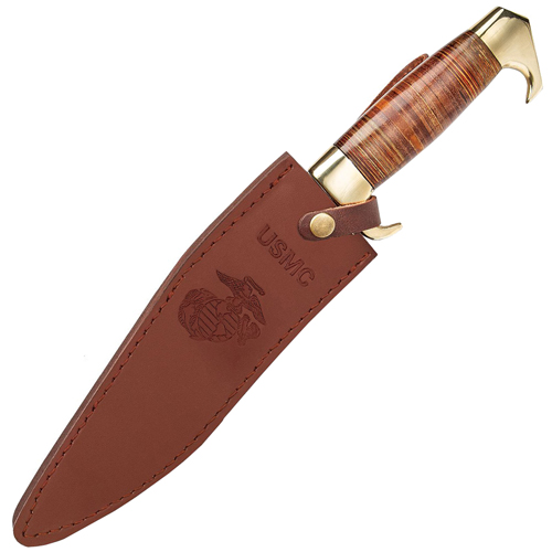 USMC Stacked Leather Handle Kukri Knife with Leather Sheath