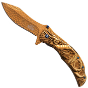 Masters Collection Dragon Sculptured Titanium Coated Handle Folding Knife